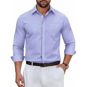 Men’s Long Sleeve Plaid Dress Shirt, Cotton Button-Down Wrinkle-Free Blue Plaid